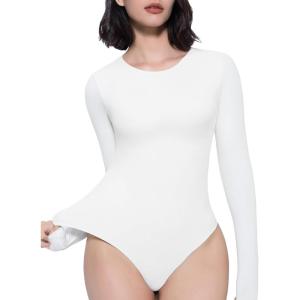 imageAvidlove Long Sleeve Bodysuits for Women Y2K Crew Neck Body Suit Double Lined Thong Bodysuit Slimming Basic TopsWhite