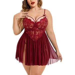 imageAvidlove Plus Size Lingerie Lace Babydoll Womens Strap Chemise Nightgown V Neck Nighty Mesh Sleepwear Side Slit NightdressAdark Red