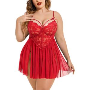 imageAvidlove Plus Size Lingerie Lace Babydoll Womens Strap Chemise Nightgown V Neck Nighty Mesh Sleepwear Side Slit NightdressAred