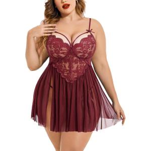 imageAvidlove Plus Size Lingerie Lace Babydoll Womens Strap Chemise Nightgown V Neck Nighty Mesh Sleepwear Side Slit NightdressBurgundy