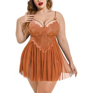 imageAvidlove Plus Size Lingerie Lace Babydoll Womens Strap Chemise Nightgown V Neck Nighty Mesh Sleepwear Side Slit NightdressCaramel