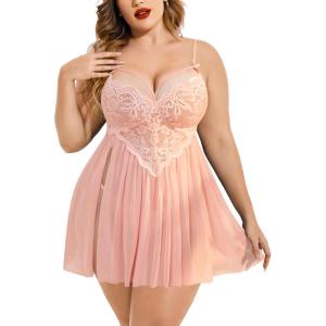 imageAvidlove Plus Size Lingerie Lace Babydoll Womens Strap Chemise Nightgown V Neck Nighty Mesh Sleepwear Side Slit NightdressCoral Pink