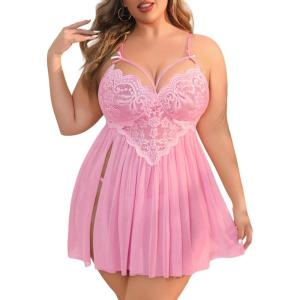 imageAvidlove Plus Size Lingerie Lace Babydoll Womens Strap Chemise Nightgown V Neck Nighty Mesh Sleepwear Side Slit NightdressPink