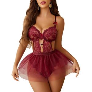 imageAvidlove Sexy Lingerie Set Lace Underwired Bodysuit with Detachable Mesh Mini Skirt Push Up Teddy LingerieWine Red