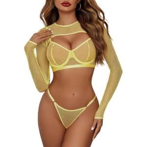imageAvidlove Sexy Lingerie Set Rave Outfits For Women Fishnet Long Sleeve Crop Top Sheer Bra and Panty 3 PieceYellow