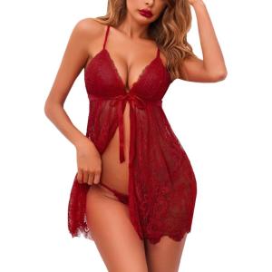 imageAvidlove Women Sexy Lingerie Babydoll Lace Chemise Eyelash Wedding Brial LingerieWine Red