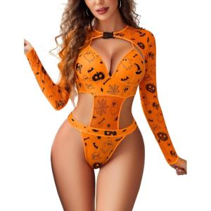 imageAvidlove Rave Outfits for Women Festival Sexy Lingerie Bodysuit Buckle Shrug Crop Top SetHalloween Orange