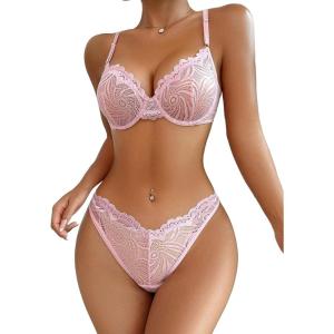 imageAvidlove Womens 2 Piece Lace Underwire Bra and Panty Sets Sexy Push Up Lingerie Set for WomenPink