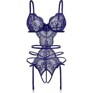 imageAvidlove Womens Deep V Teddy Lingerie Sexy Lace Bodysuit Cut Out Garter Lingerie SetsNavy Blue