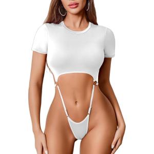 imageAvidlove Womens Sexy Cut Out Lingerie Bodysuit Short Sleeve Tshirt Body Suits Slim Fit Crew Neck Crop TopsWhite