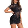 imageAvidlove Womens Mesh Dress Bodycon Mini Lingerie Dress Sexy Short Sleeve Mock Neck Ruched Party Clubwear Outfits SXXLBlack Leopard
