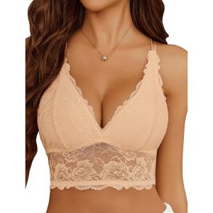 imageAvidlove Bralettes for Women Lace Wireless Bra V Neck Racerback Crop Top Adjustable Lingerie No PaddedCamel
