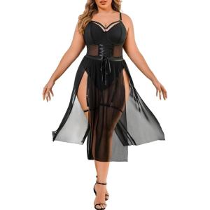 imageAvidlove Sexy Plus Size Lingerie Set for Women Sexy Bodysuit with High Slit dress and Garter Belt L5XLBlack