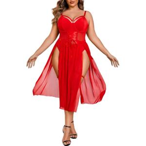 imageAvidlove Sexy Plus Size Lingerie Set for Women Sexy Bodysuit with High Slit dress and Garter Belt L5XLRed