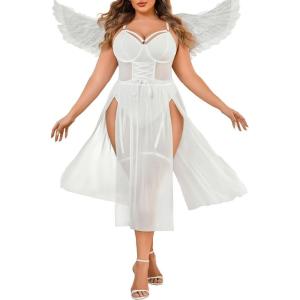 imageAvidlove Sexy Plus Size Lingerie Set for Women Sexy Bodysuit with High Slit dress and Garter Belt L5XLWhite