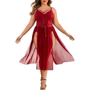 imageAvidlove Sexy Plus Size Lingerie Set for Women Sexy Bodysuit with High Slit dress and Garter Belt L5XLWine Red