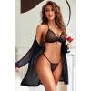 imageAvidlove Women Sexy Lingerie Set 3 Piece Mesh Kimono Robe with Bra and Panty Sheer SleepwearBlack