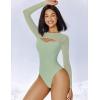 imageAvidlove Bodysuits for Women Round Neck Shapewear Bodysuit Long Sleeve Bodysuit Sexy Mesh Top Double Lined Cutout ShirtGray Green