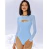 imageAvidlove Bodysuits for Women Round Neck Shapewear Bodysuit Long Sleeve Bodysuit Sexy Mesh Top Double Lined Cutout ShirtLight Blue