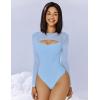 imageAvidlove Bodysuits for Women Round Neck Shapewear Bodysuit Long Sleeve Bodysuit Sexy Mesh Top Double Lined Cutout ShirtLight Blue