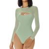 imageAvidlove Bodysuits for Women Round Neck Shapewear Bodysuit Long Sleeve Bodysuit Sexy Mesh Top Double Lined Cutout ShirtGray Green