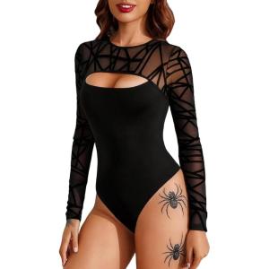 imageAvidlove Bodysuits for Women Round Neck Shapewear Bodysuit Long Sleeve Bodysuit Sexy Mesh Top Double Lined Cutout ShirtBlack01