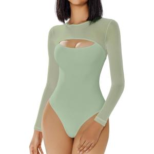imageAvidlove Bodysuits for Women Round Neck Shapewear Bodysuit Long Sleeve Bodysuit Sexy Mesh Top Double Lined Cutout ShirtGray Green