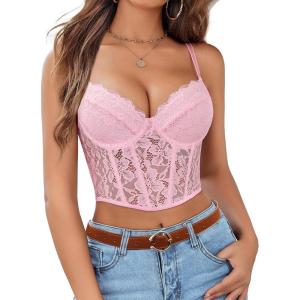 imageAvidlove Lace Bralette for Women V Neck Bustier Corset Tops with Underwired Racerback Adjustable Strap Crop TopDark Pink