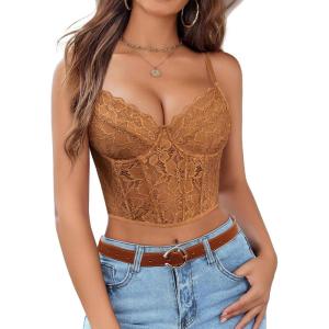imageAvidlove Lace Bralette for Women V Neck Bustier Corset Tops with Underwired Racerback Adjustable Strap Crop TopKhaki