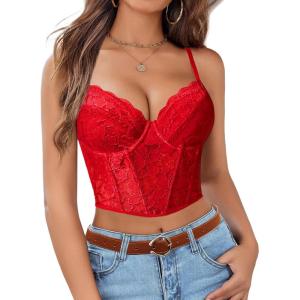 imageAvidlove Lace Bralette for Women V Neck Bustier Corset Tops with Underwired Racerback Adjustable Strap Crop TopRed