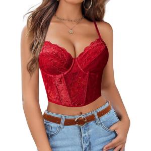 imageAvidlove Lace Bralette for Women V Neck Bustier Corset Tops with Underwired Racerback Adjustable Strap Crop TopWine Red