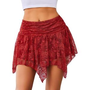 imageAvidlove Lace Mini Skirts for Women Flowy Skirt Y2k Layered Asymmetrical Short SkirtRed