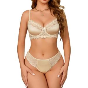 imageAvidlove Lingerie Sets for Women Sexy Underwire Bra and Pany Set Floral Lace 2 Pieces Underwear Satin Lingerie OutfitWheat