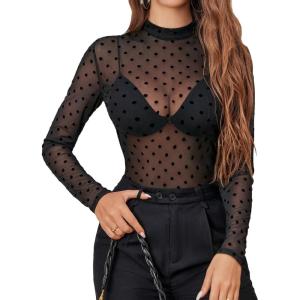 imageAvidlove Mesh Top for Women Long Sleeve See Through Shirt Mock Neck Sheer Blouse XSXXLDotsjh79