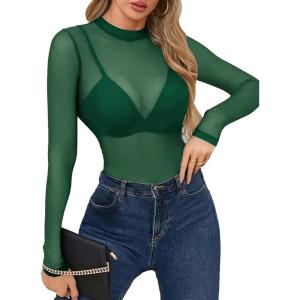 imageAvidlove Mesh Top for Women Long Sleeve See Through Shirt Mock Neck Sheer Blouse XSXXLGreen