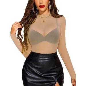 imageAvidlove Mesh Top for Women Long Sleeve See Through Shirt Mock Neck Sheer Blouse XSXXLLight Tan