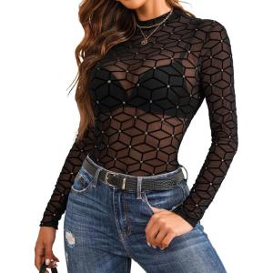 imageAvidlove Mesh Top for Women Long Sleeve See Through Shirt Mock Neck Sheer Blouse XSXXLPat3