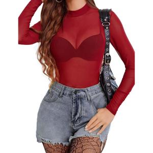 imageAvidlove Mesh Top for Women Long Sleeve See Through Shirt Mock Neck Sheer Blouse XSXXLWine Red