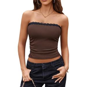 imageAvidlove Tube Tops for Women Lace Trim Ribbed Strapless Crop Tops Ruched Y2k Bandeau Going Out TopBrown