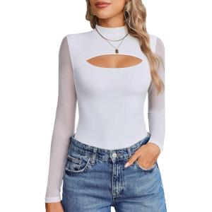 imageAvidlove Women Long Sleeve Thong Bodysuit Turtle Neck Shapewear Sexy Mesh Top Double Lined Cutout Shirt XS2XLB White