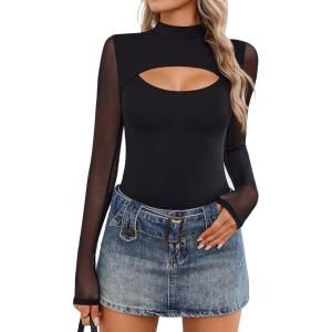 imageAvidlove Women Long Sleeve Thong Bodysuit Turtle Neck Shapewear Sexy Mesh Top Double Lined Cutout Shirt XS2XLBlack