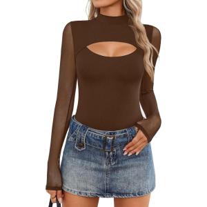 imageAvidlove Women Long Sleeve Thong Bodysuit Turtle Neck Shapewear Sexy Mesh Top Double Lined Cutout Shirt XS2XLBrown