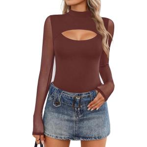 imageAvidlove Women Long Sleeve Thong Bodysuit Turtle Neck Shapewear Sexy Mesh Top Double Lined Cutout Shirt XS2XLDeep Purple Red