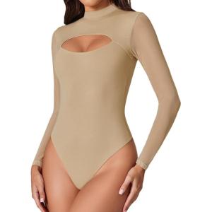 imageAvidlove Women Long Sleeve Thong Bodysuit Turtle Neck Shapewear Sexy Mesh Top Double Lined Cutout Shirt XS2XLKhaki