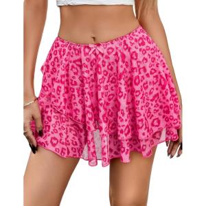 imageAvidlove Women Pleated Sheer Mini Skirt Y2k Asymmetrical Flowy Short Skirts Sexy Rave OutfitsLeopard Print Pink