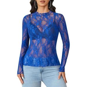 imageAvidlove Womens Mesh Top Long Sleeve Mock Neck Sheer Blouse See Through Floral Lace TopsBlue