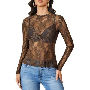 imageAvidlove Womens Mesh Top Long Sleeve Mock Neck Sheer Blouse See Through Floral Lace TopsDark Brown