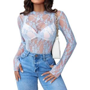 imageAvidlove Womens Mesh Top Long Sleeve Mock Neck Sheer Blouse See Through Floral Lace TopsLight Blue