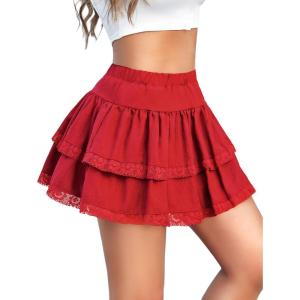 imageAvidlove Womens Mini Skirt Basic High Waisted Tiered Ruffles Short Lace Hem Cute Lingerie Skirts SXXLRed