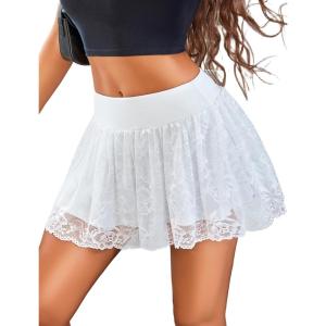 imageAvidlove Womens Pleated Mini Skirt Y2k Sexy Lace Ruffles Lingerie Short SkirtsWhite